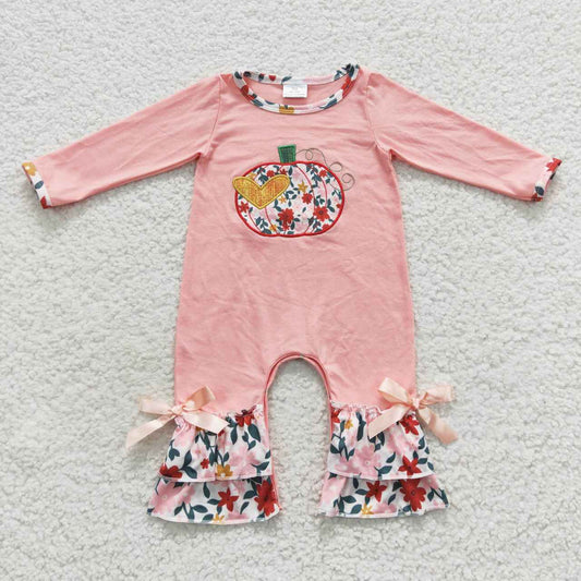 Pink pumpkin embroidery baby fall ruffle romper