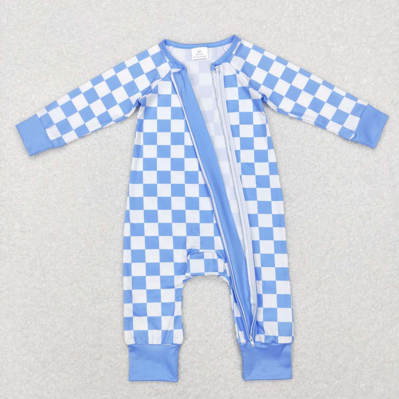 blue checkered baby boy zip sleeper