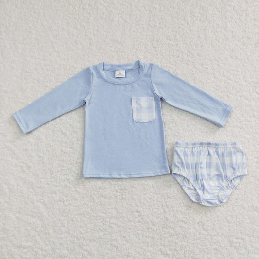 baby boy long sleeve solid blue plaid bummie set