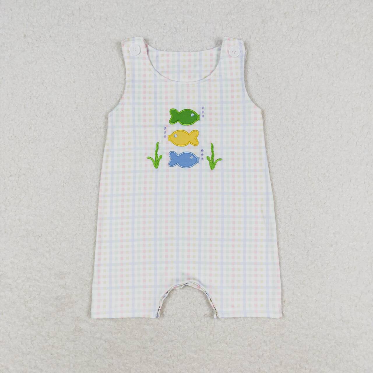 small fish embroidery gingham tank romper