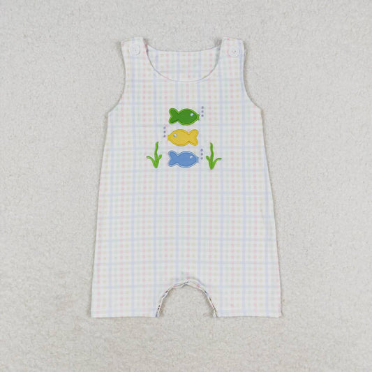 small fish embroidery gingham tank romper