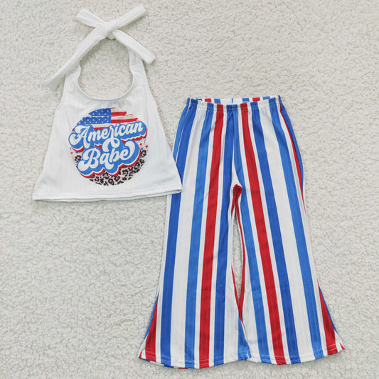 America Red White & Blue Stripe Halter Bell Bottom Girls Patriotic Outfit