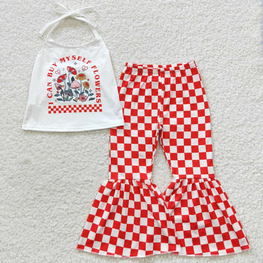 girl summer red checkered halter set