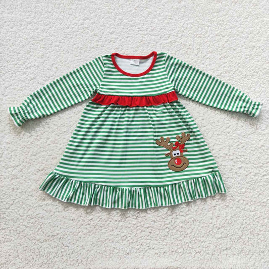 Green stripe reindeer embroidery dress