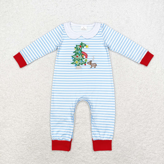 stripes Christmas tree embroidered romper