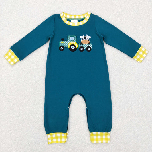 baby boy cow truck embroidery romper