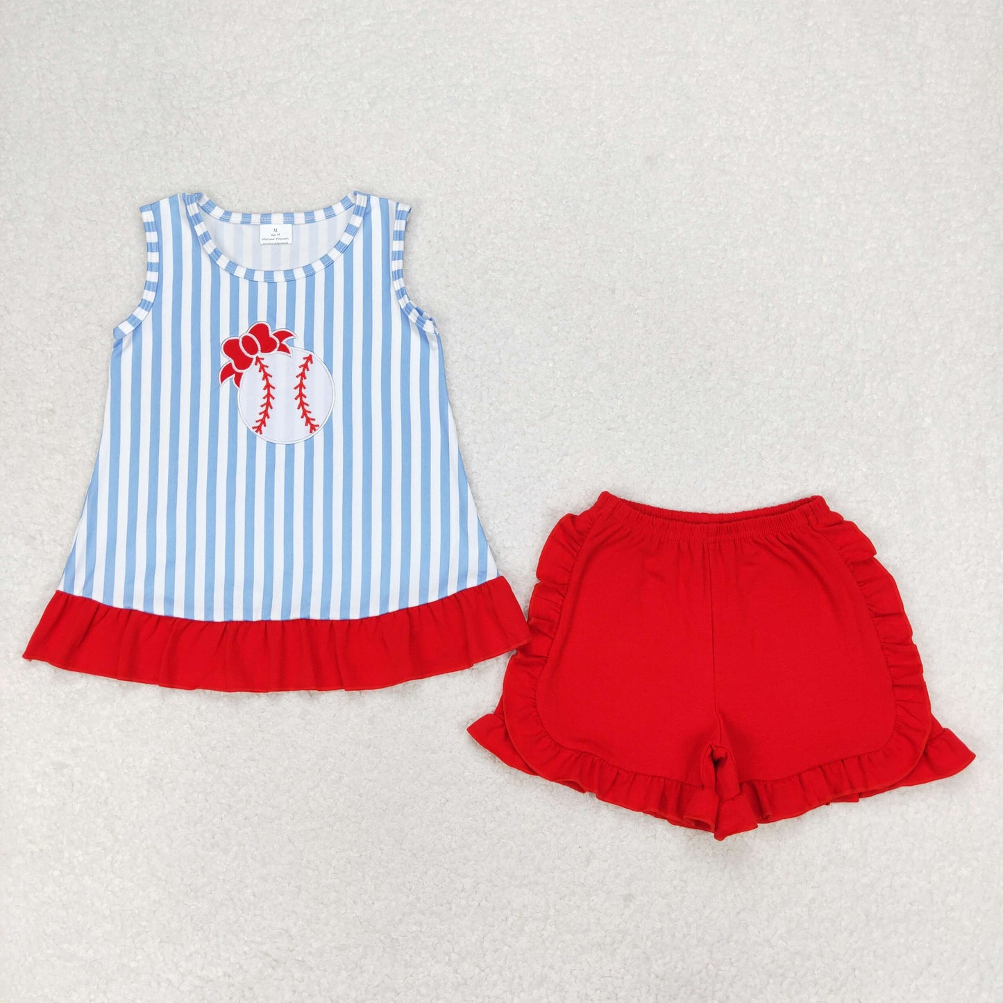 embroidery baseball with bow girl shorts set