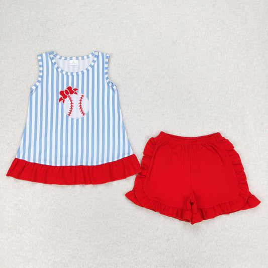 embroidery baseball with bow girl shorts set