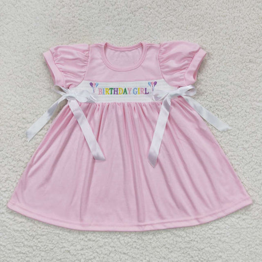cotton solid pink birthday girl smocked dress