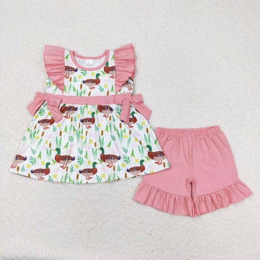 duck print pink ruffle shorts set girls clothes