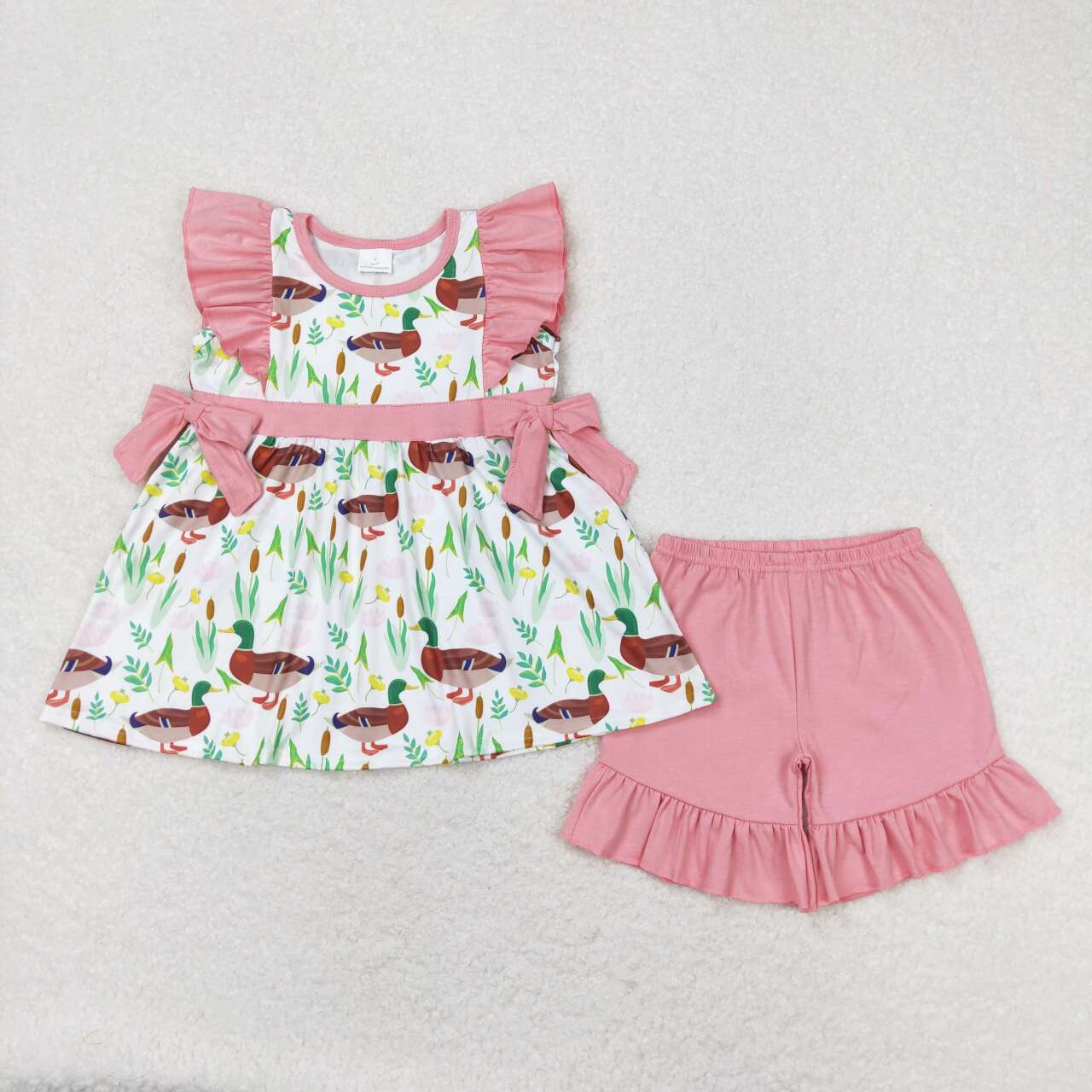 duck print pink ruffle shorts set girls clothes
