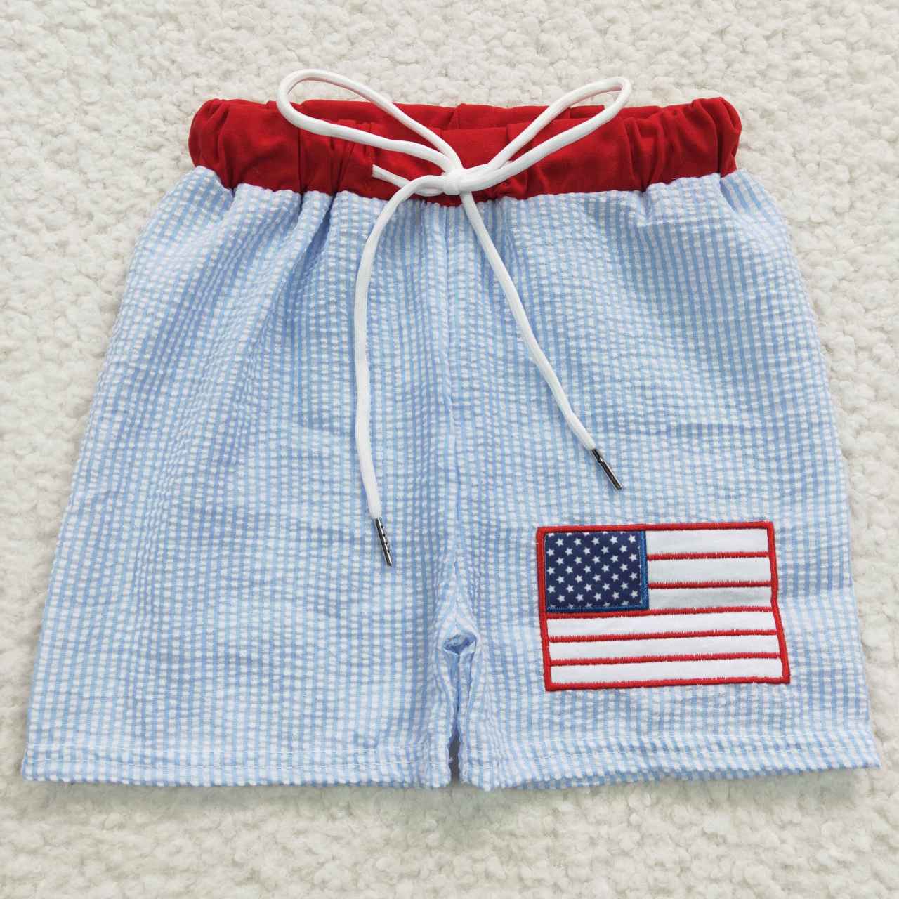 boy's  seersucker swim trunk with flag embroidery