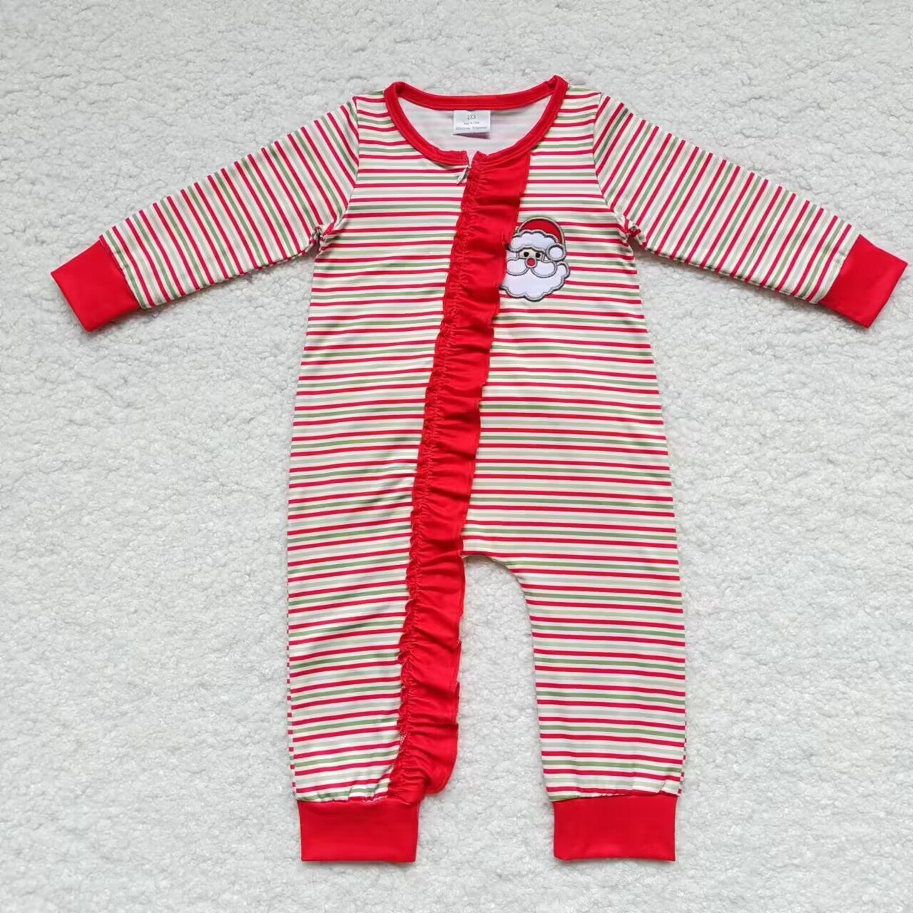 Sibling red green striped baby girl zip sleeper with embroidery santa