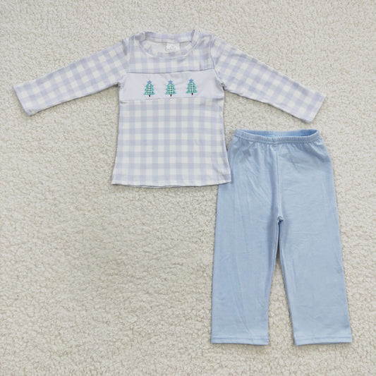 Gingham christmas tree embroidered pants set boy outfit