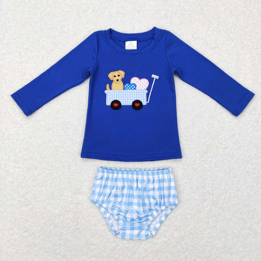 baby boy long sleeve blue valentine puppy heart car embroidery bummie set