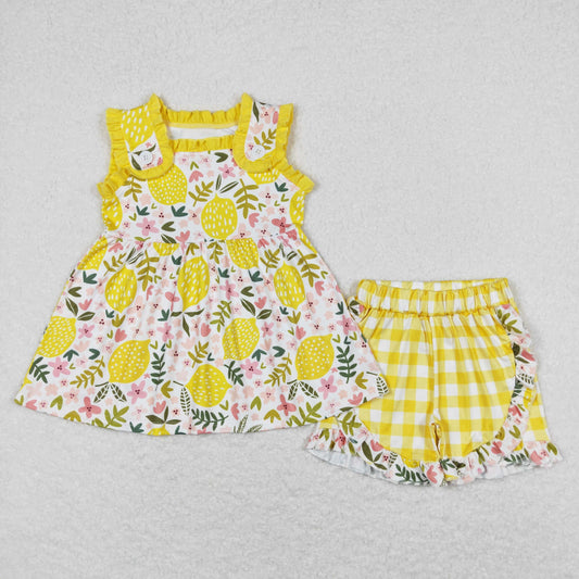 yellow plaid lemon shorts set girl summer clothes