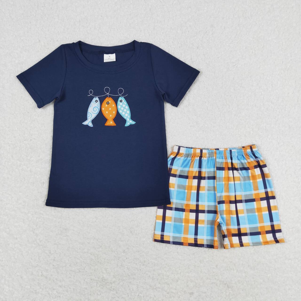 fish embroidery colored plaid shorts set boy