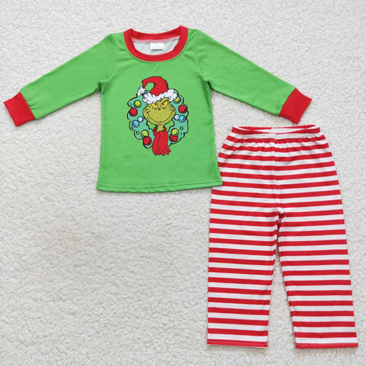 grinchey green top red stripe pants set boy christmas outfit