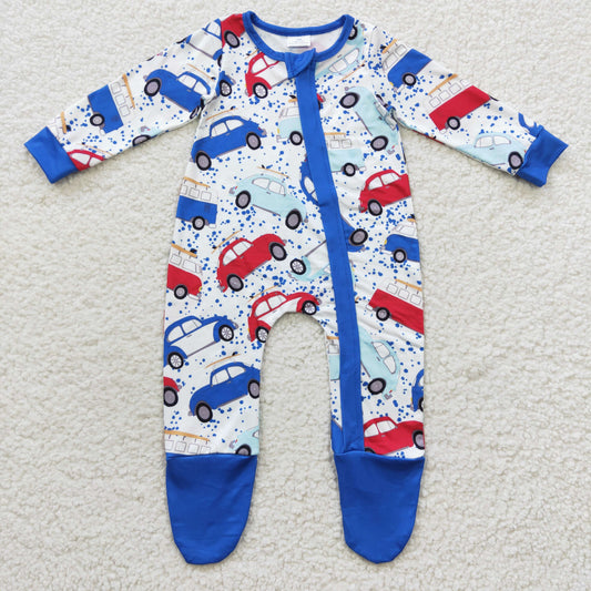 blue car print baby footed sleeper