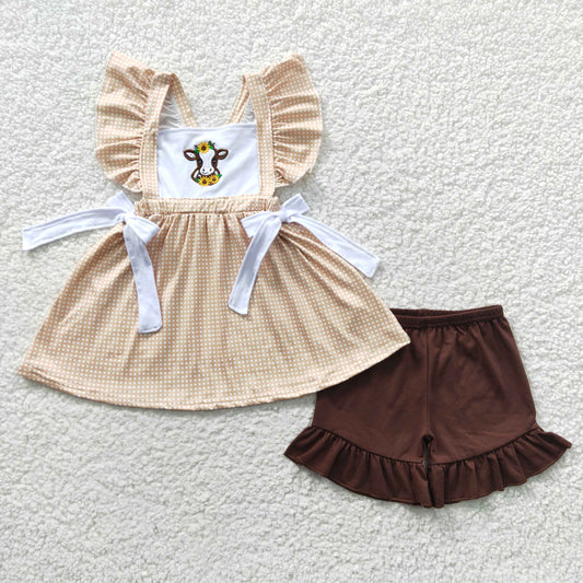 cow embroidery rufle shorts set girl's bow outfit