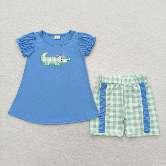 baby girl clothes crocodile embroidery shorts set blue