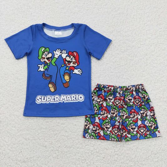 blue super cartoon boy shorts set boy’s outfit