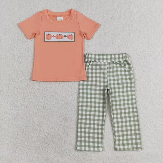 peach pumpkin embroidery fall boys pants set