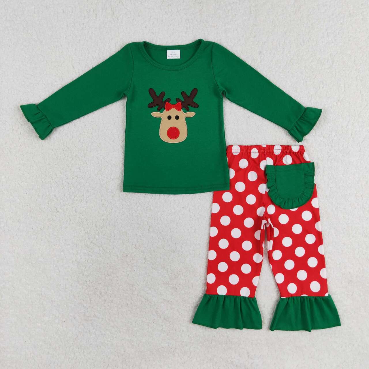 green red reindeer embroidery girl Christmas pajama