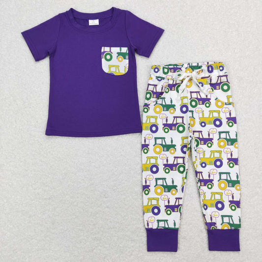 boy short sleeve mardi gras tractor jogger outfit