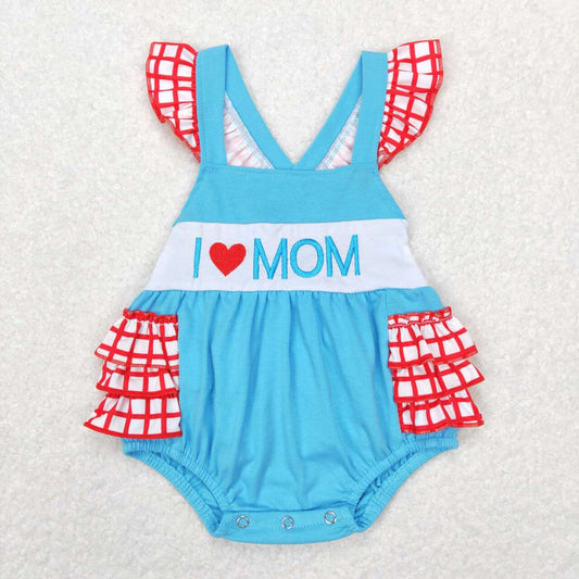 blue i love mom embroidery romper for little girl
