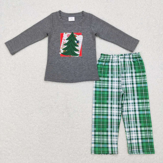 boy christmas tree embroidery green plaid pants set