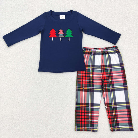 boy christmas tree embroidery plaid pants set