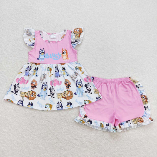 pink dog ruffle shorts set