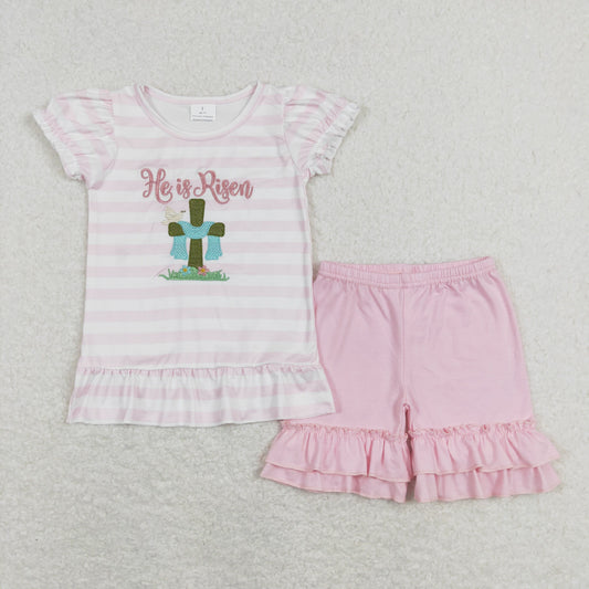 girl easter pink he is risen shorts set