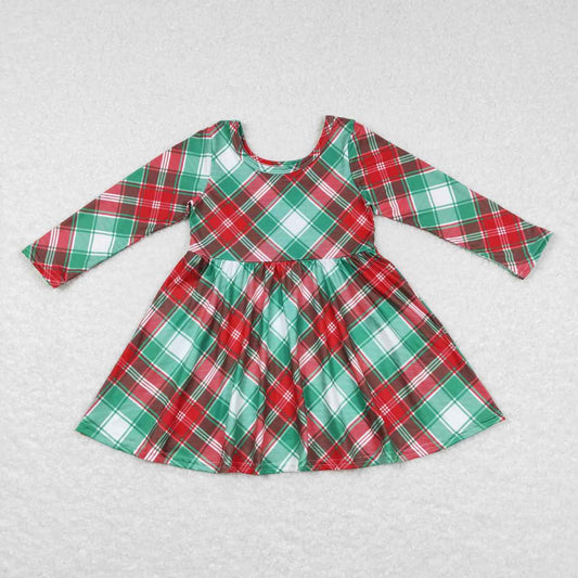 long sleeve christmas green red plaid twirl dress