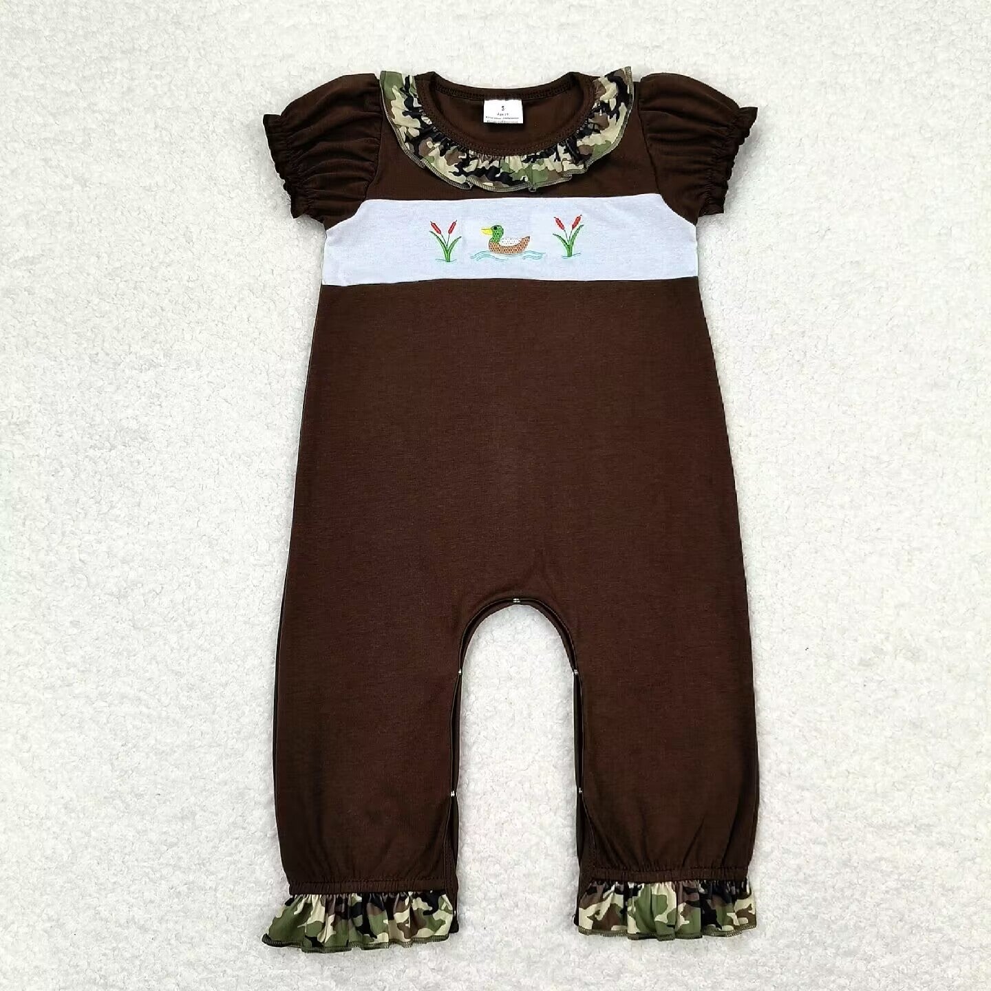 brown duck embroidery baby girl rompers