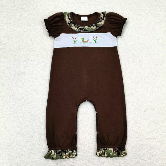 brown duck embroidery baby girl rompers