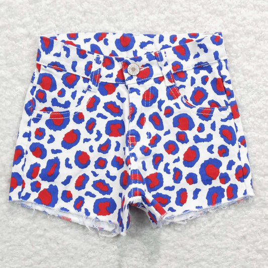 blue red white clothing, leopard pocket denim shorts, 4th of july girls jeans