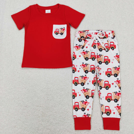 boy red shorts sleeve heart truck pants set