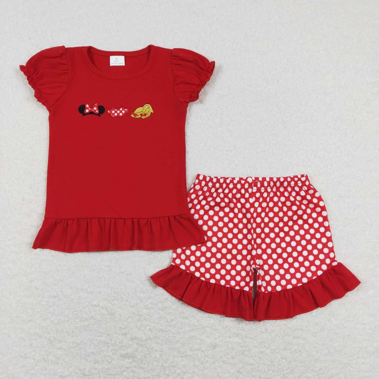 park theme cartoon embroidery gfirl red shorts set