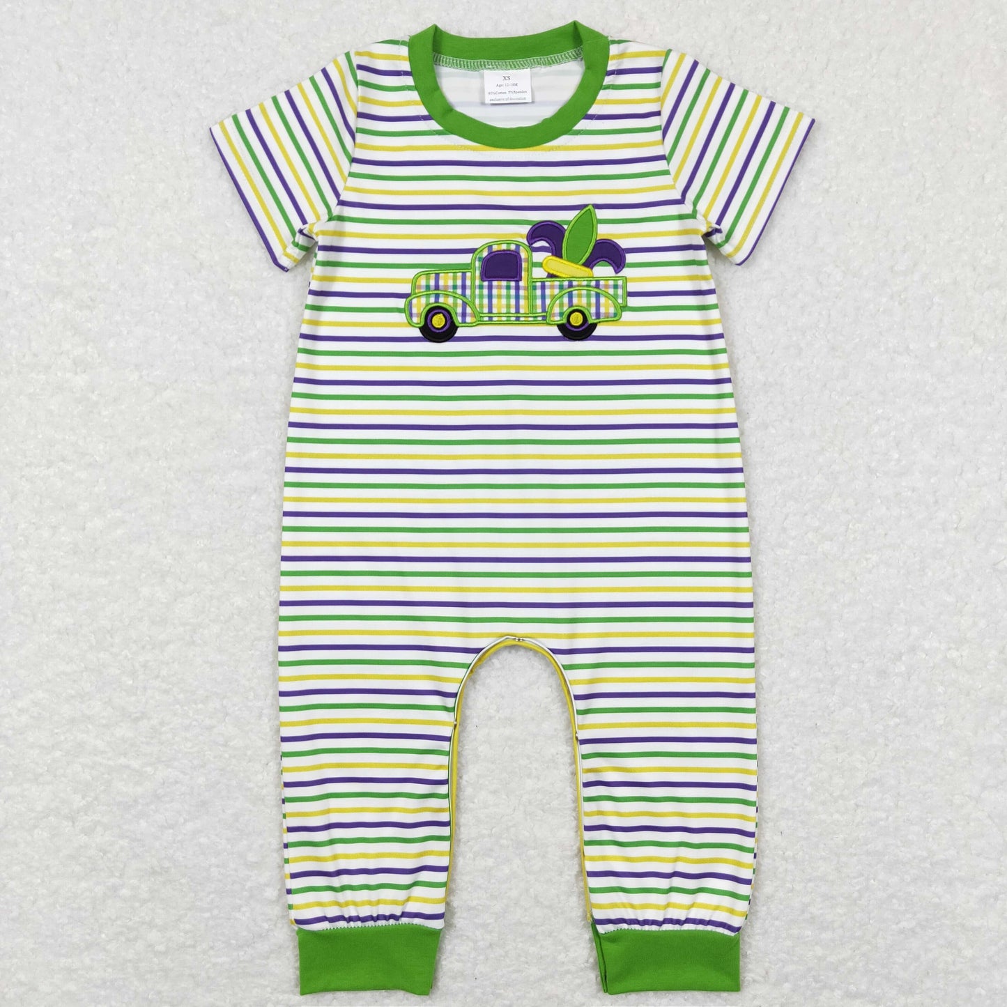 baby boy mardi gras truck embroidery romper