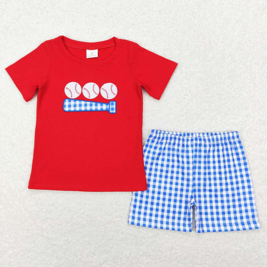 boy red baseball embroidery ruffle shorts set