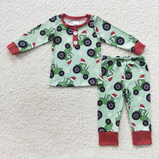 Little boys green santa tractor pajama set