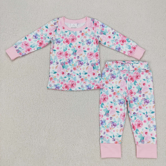 2pieces pink and purple floral girls pajama set