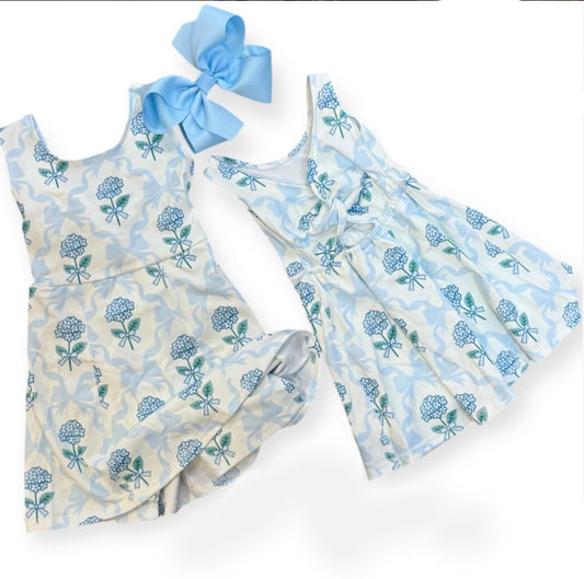 blue bow flower hydrangea skort dress