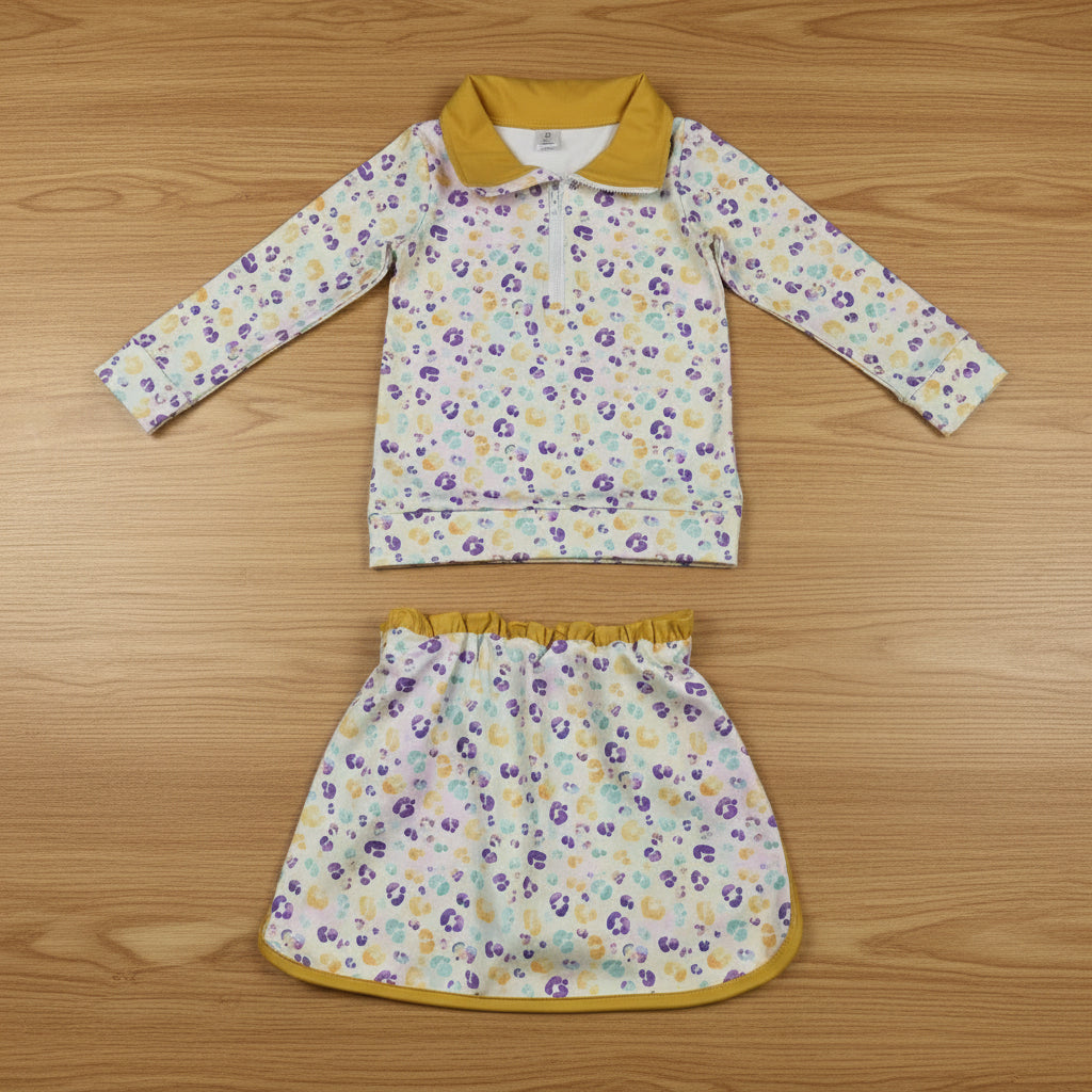 mardi gras leopard athletic zip pullover skort set yoga outfit