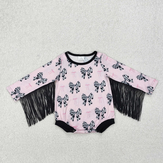 long sleeve cow print coquette fringe romper