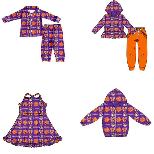 (Custom Design MOQ 5 Each Item)Team's Tinger Bows Print Girls Matching Clothes
