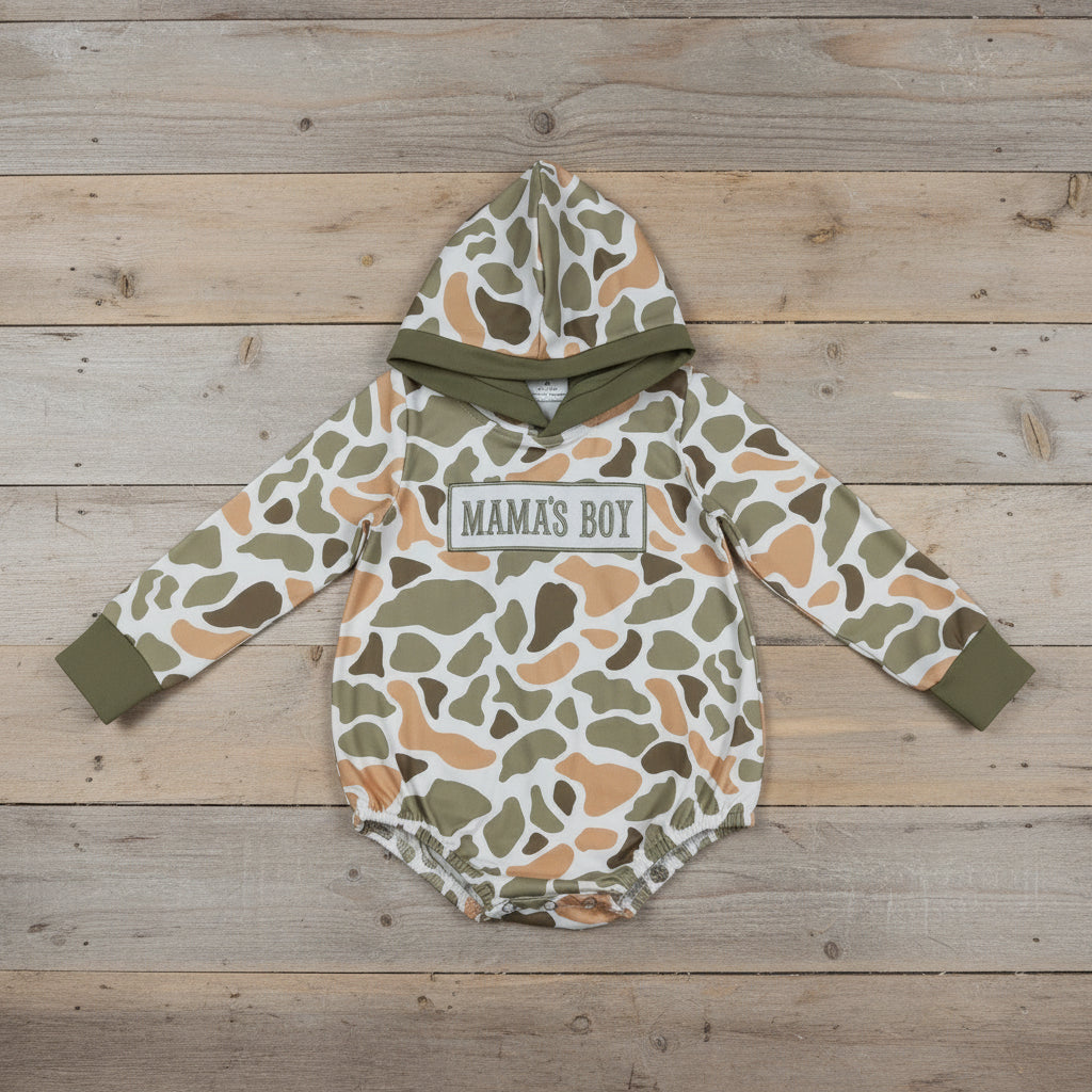 mama's boy embroidery camo hooded romper