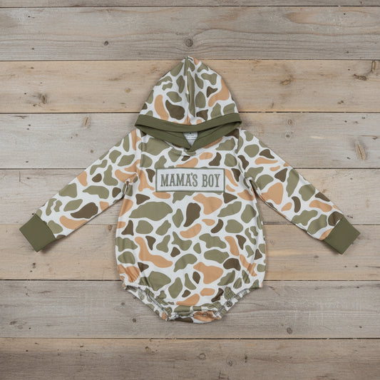 mama's boy embroidery camo hooded romper